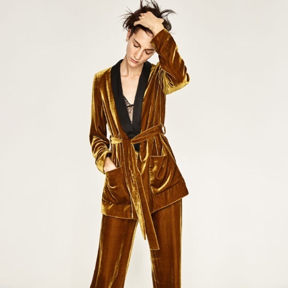 Zara Gold Velvet Trouser Pants - Picture 2 of 7
